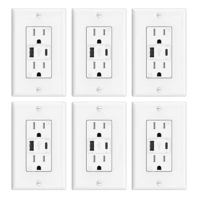 Alt view image 8 of 14 - USB Outlet, 4.2A 15 Amp Wall Outlet with USB Ports | 21W Fast Charging, White, 6 Pack, ETL Listed, Type-A & Type-C Wall Outlet, Wall Plate Included, Tamper Resistant for Safe