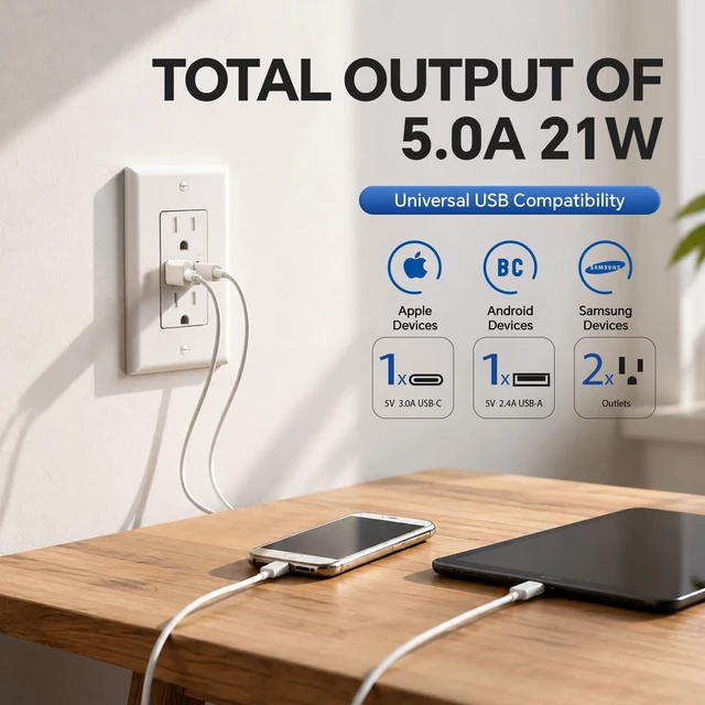 Alt view image 9 of 14 - USB Outlet, 4.2A 15 Amp Wall Outlet with USB Ports | 21W Fast Charging, White, 6 Pack, ETL Listed, Type-A & Type-C Wall Outlet, Wall Plate Included, Tamper Resistant for Safe