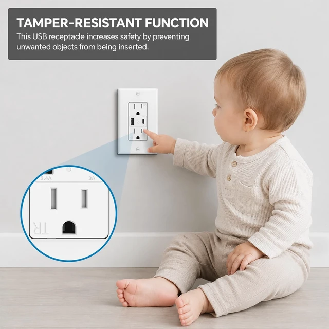 Alt view image 10 of 14 - USB Outlet, 4.2A 15 Amp Wall Outlet with USB Ports | 21W Fast Charging, White, 6 Pack, ETL Listed, Type-A & Type-C Wall Outlet, Wall Plate Included, Tamper Resistant for Safe