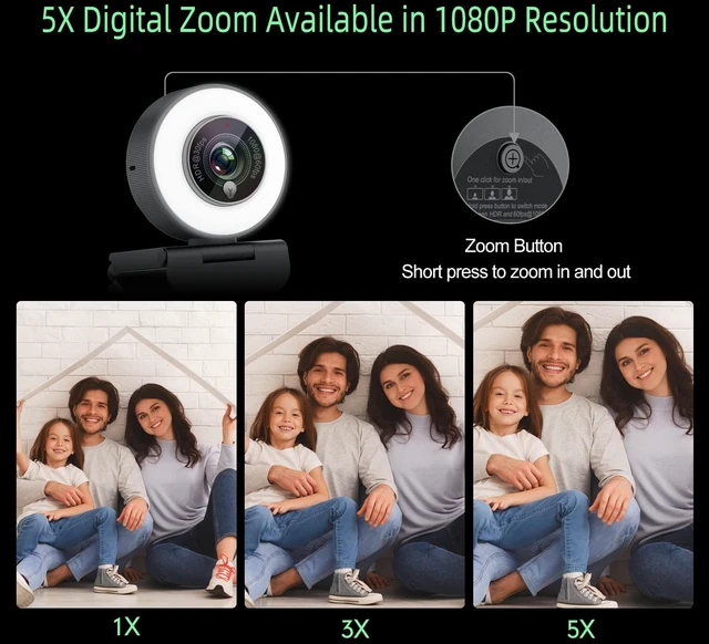 Alt view image 11 of 14 - 1080p Webcam with Ring Light for Streaming, USB 60FPS Web Camera | 5X Digital Zoom, HDR-1080P@30FPS or 1080P@60FPS, Auto Light Correction, HD Web Cam w/ Microphone for PC Laptop Mac Desktop