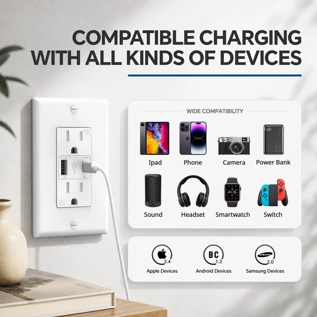Alt view image 14 of 14 - USB Outlet, 4.2A 15 Amp Wall Outlet with USB Ports | 21W Fast Charging, White, 6 Pack, ETL Listed, Type-A & Type-C Wall Outlet, Wall Plate Included, Tamper Resistant for Safe