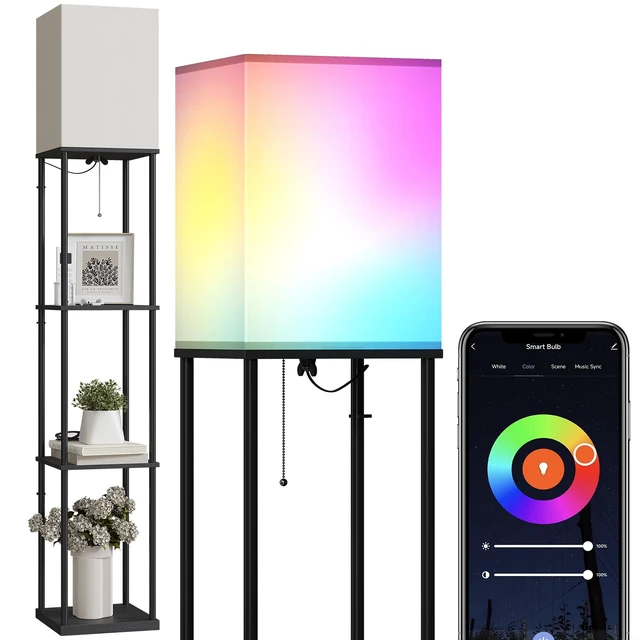 Alt view image 8 of 14 - Floor Lamp with Shelves, Smart APP Control Standing Lamps with RGB Bulb, 4-Tier Dimmable Floor Lamps for Living Room, Tall Lamp for Bedroom, Office, Corner Display Bookshelf Lamp