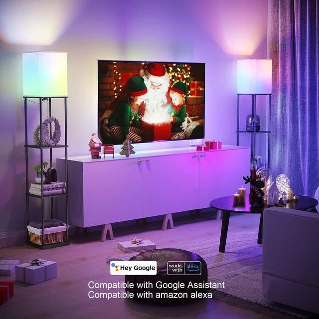 Alt view image 10 of 14 - Floor Lamp with Shelves, Smart APP Control Standing Lamps with RGB Bulb, 4-Tier Dimmable Floor Lamps for Living Room, Tall Lamp for Bedroom, Office, Corner Display Bookshelf Lamp