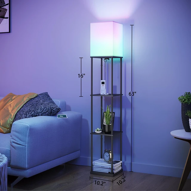 Alt view image 12 of 14 - Floor Lamp with Shelves, Smart APP Control Standing Lamps with RGB Bulb, 4-Tier Dimmable Floor Lamps for Living Room, Tall Lamp for Bedroom, Office, Corner Display Bookshelf Lamp