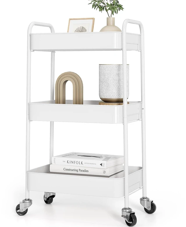 Alt view image 8 of 14 - 3 Tier Metal Rolling Cart, Utility Storage Cart with Wheels, White | Screwless Assembly, Lockable Metal Wheels, Trolley Organizer for Bathroom, Kitchen, Office, Dorm, Laundry, Craft Room