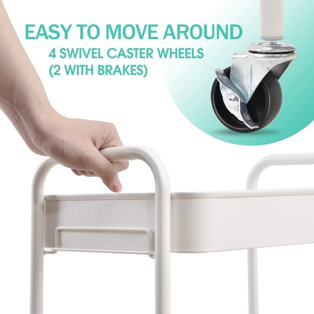 Alt view image 10 of 14 - 3 Tier Metal Rolling Cart, Utility Storage Cart with Wheels, White | Screwless Assembly, Lockable Metal Wheels, Trolley Organizer for Bathroom, Kitchen, Office, Dorm, Laundry, Craft Room