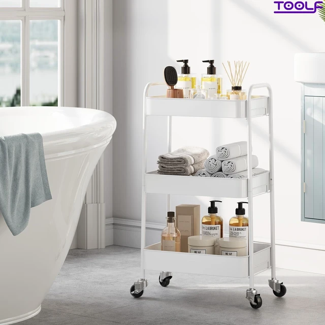 Alt view image 13 of 14 - 3 Tier Metal Rolling Cart, Utility Storage Cart with Wheels, White | Screwless Assembly, Lockable Metal Wheels, Trolley Organizer for Bathroom, Kitchen, Office, Dorm, Laundry, Craft Room