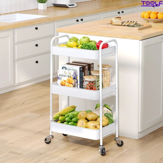 Alt view image 14 of 14 - 3 Tier Metal Rolling Cart, Utility Storage Cart with Wheels, White | Screwless Assembly, Lockable Metal Wheels, Trolley Organizer for Bathroom, Kitchen, Office, Dorm, Laundry, Craft Room