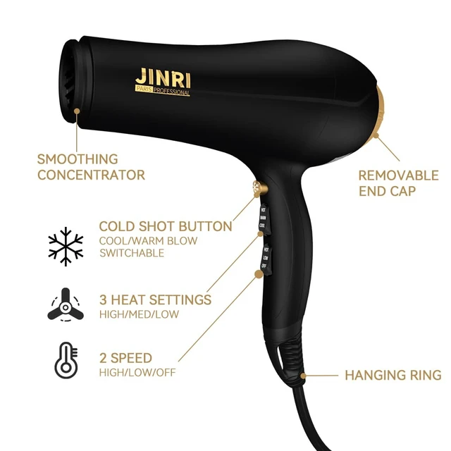 Alt view image 9 of 14 - 2000W Hair Dryer with Negative Ion & Infrared - Black, 3 Heat & 2 Speed, Detachable Air Intake, Concentrator/Diffuser, Hanging Strap