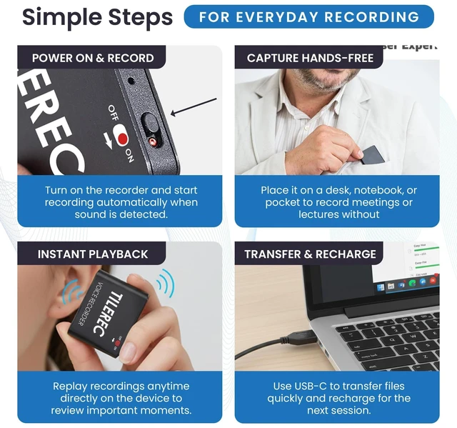 Alt view image 12 of 14 - TileRec Voice Activated Recorder 1160 Hours Digital Dictaphone with Direct Playback, USB-C, Metal Body 64GB Portable Audio Recorder for Meetings & Lectures