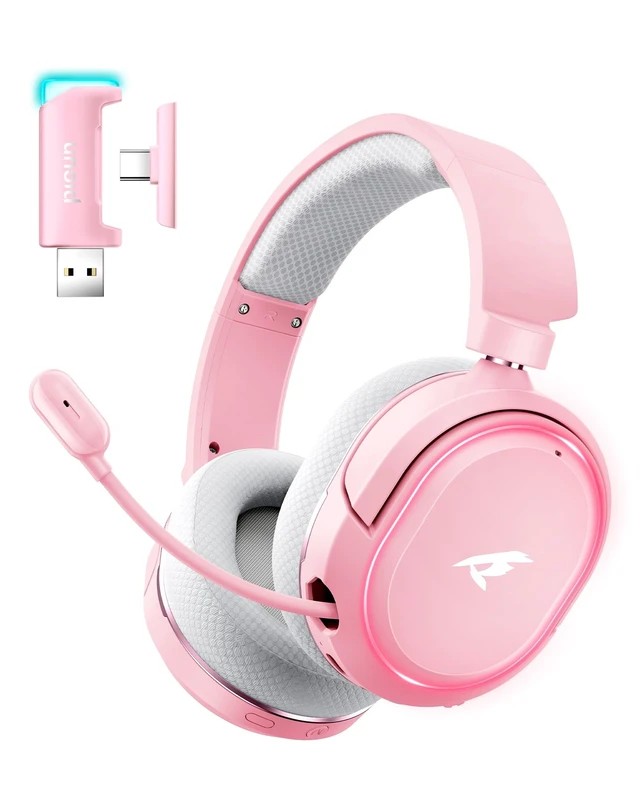 Alt view image 8 of 14 - Wireless Gaming Headset, 7.1 Surround Sound, 2.4GHz USB Gaming Headphones with Bluetooth 5.4, 100H Battery, ENC Noise Canceling Mic, RGB Light, Wireless Headset for PC PS5 PS4 Mac Switch (Gray-Pink)