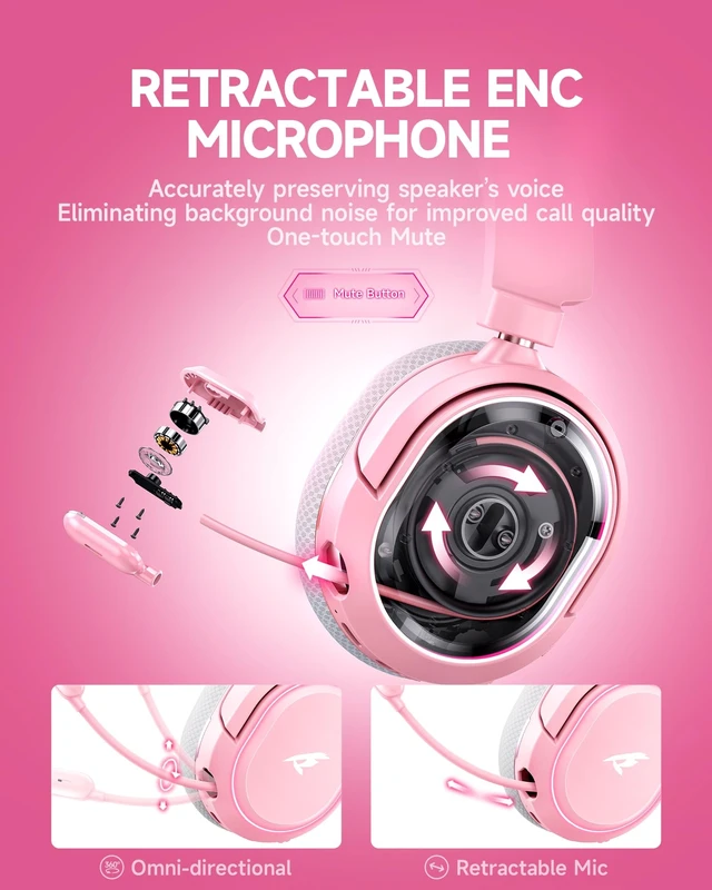 Alt view image 12 of 14 - Wireless Gaming Headset, 7.1 Surround Sound, 2.4GHz USB Gaming Headphones with Bluetooth 5.4, 100H Battery, ENC Noise Canceling Mic, RGB Light, Wireless Headset for PC PS5 PS4 Mac Switch (Gray-Pink)