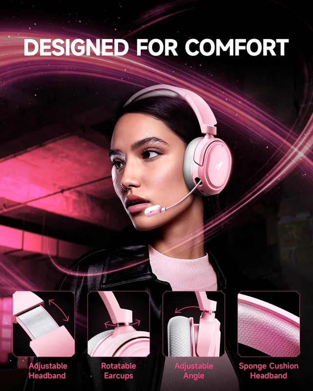 Alt view image 13 of 14 - Wireless Gaming Headset, 7.1 Surround Sound, 2.4GHz USB Gaming Headphones with Bluetooth 5.4, 100H Battery, ENC Noise Canceling Mic, RGB Light, Wireless Headset for PC PS5 PS4 Mac Switch (Gray-Pink)