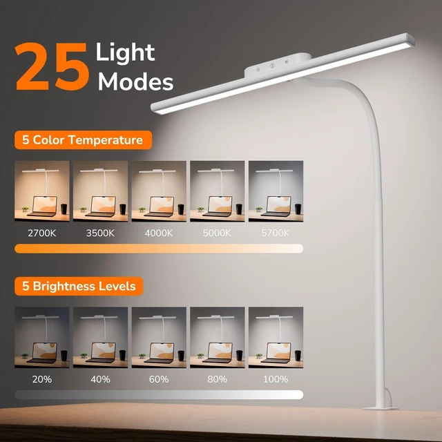 Alt view image 9 of 14 - Desk Lamp with Clamp, Led Clip on Desk Lights for Home Office, White | 11W 750LM Eye Caring Task Light, 25 Lighting Modes, Flexible Gooseneck, Architect Lamp for Monitor, Workbench, Draft, Crafts