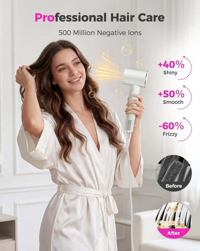 Alt view image 11 of 14 - High-Speed Hair Dryer with Diffuser, Ionic Blow Dryer, White | 160000 RPM for Fast Drying, Upgraded 3-Layer Motor Protection, Salon Hairdryer for Curly Straight Hair, LED Temp Display