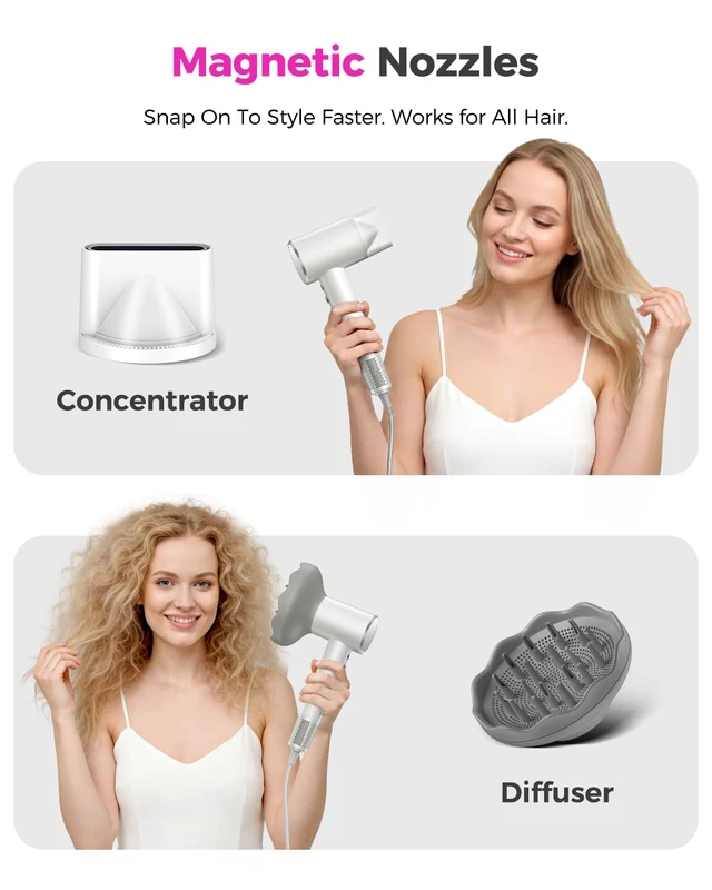 Alt view image 14 of 14 - High-Speed Hair Dryer with Diffuser, Ionic Blow Dryer, White | 160000 RPM for Fast Drying, Upgraded 3-Layer Motor Protection, Salon Hairdryer for Curly Straight Hair, LED Temp Display
