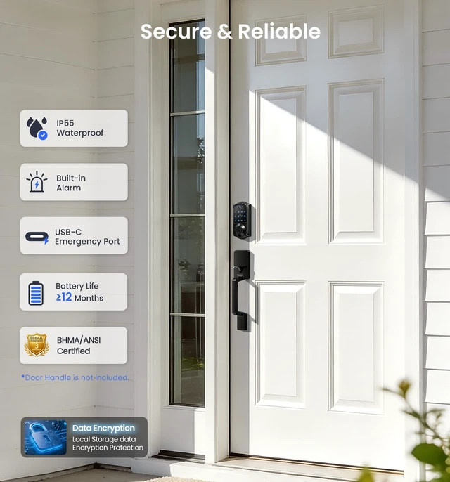 Alt view image 12 of 14 - VE017 Fingerprint Smart Door Lock with App Control, Matte Black | 8-in-1 Keyless Entry, Smart User Management, Auto Lock, Electronic Touchscreen Keypad, USB-C Port, Deadbolt for Front Door
