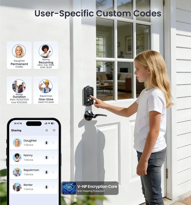 Alt view image 11 of 14 - VE017 Fingerprint Smart Door Lock with App Control, Matte Black | 8-in-1 Keyless Entry, Smart User Management, Auto Lock, Electronic Touchscreen Keypad, USB-C Port, Deadbolt for Front Door