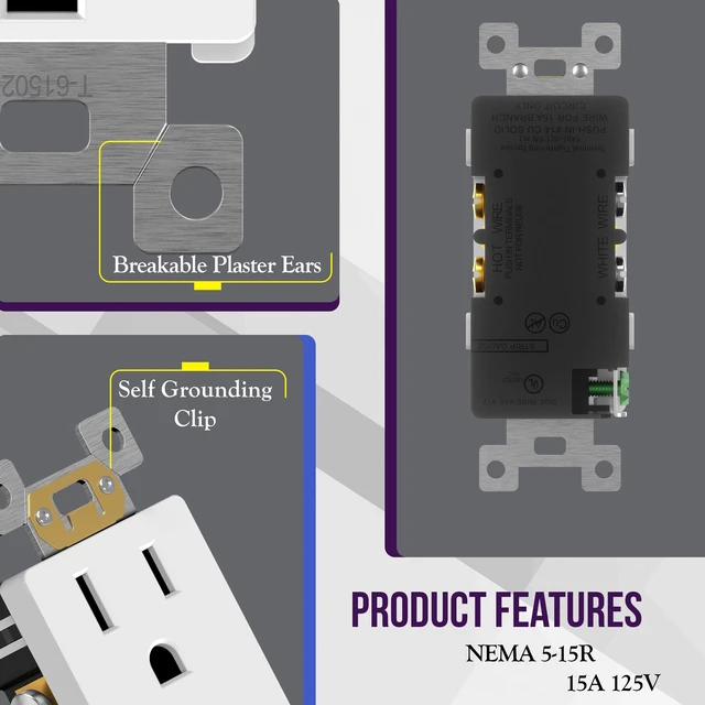 Alt view image 10 of 14 - 20 Pack Decorator Outlet 15A Receptacle with Screwless Wall Plate | Self-Grounding, UL Listed, Standard Residential Electrical Outlets for Home, Non-Tamper Resistant, 5-15R, 125V, Glossy White