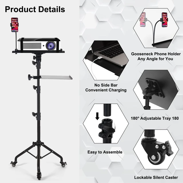 Alt view image 13 of 14 - Laptop Tripod on Wheels with 2 Shelves | Portable Projector Floor Stand Adjustable Height 25.9 to 51.8 Inch with Phone Holder, Projector Stand