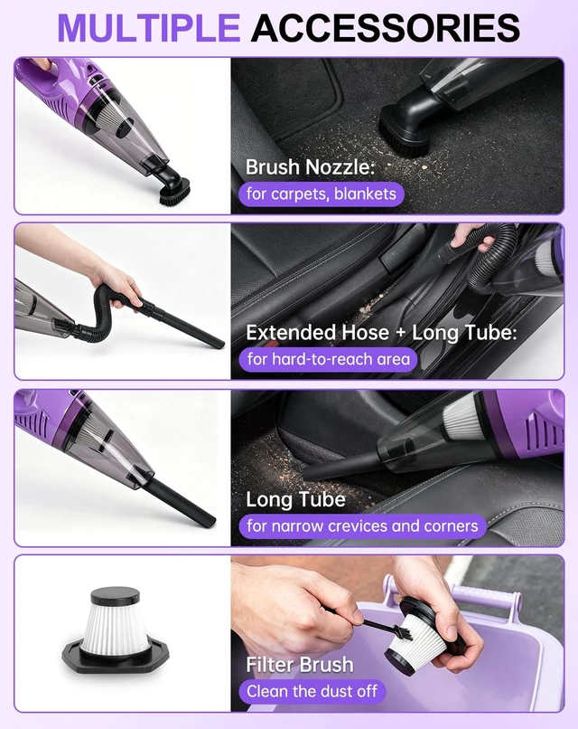 Alt view image 10 of 14 - Car Cleaning Kit with Vacuum,Deep Cleaning for Interior Detailing | 7600PA High Power Corded Handheld Vacuum,Windshield Cleaner Tool, Detailing Brush Set,21Pcs Car Accessories,Gift Set Purple