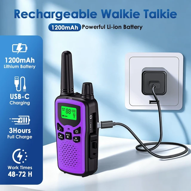 Alt view image 9 of 14 - Walkie Talkies 2 Pack,Kartal Rechargeable Purple Walkie Talkies with 22 FRS Channels,Two Way Radios with LED Flashlight for Hiking Cruises Camping