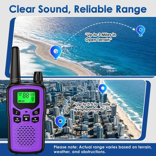 Alt view image 10 of 14 - Walkie Talkies 2 Pack,Kartal Rechargeable Purple Walkie Talkies with 22 FRS Channels,Two Way Radios with LED Flashlight for Hiking Cruises Camping