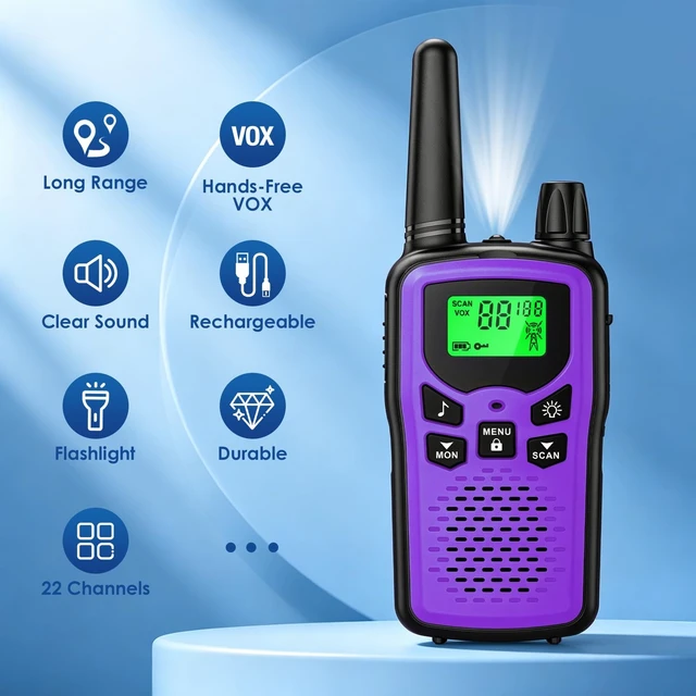 Alt view image 13 of 14 - Walkie Talkies 2 Pack,Kartal Rechargeable Purple Walkie Talkies with 22 FRS Channels,Two Way Radios with LED Flashlight for Hiking Cruises Camping