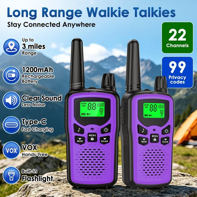 Alt view image 12 of 14 - Walkie Talkies 2 Pack,Kartal Rechargeable Purple Walkie Talkies with 22 FRS Channels,Two Way Radios with LED Flashlight for Hiking Cruises Camping