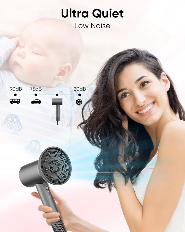 Alt view image 12 of 14 - Hair Dryer, 110000 RPM Fast Drying Blow Dryer with Magnetic Diffuser and Concentrator, Professional Lightweight Ionic Hair Dryer for Women and Men Grey