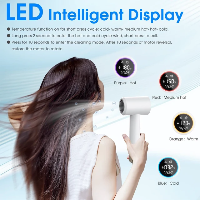 Alt view image 9 of 14 - 110000RPM Ionic Hair Dryer, Positive & Negative Ion Tech (White) | 1500W Plasma Ionic Blow Dryer,LCD Display 5 Modes Thermo-Control,Low Noise Portable for Home Travel