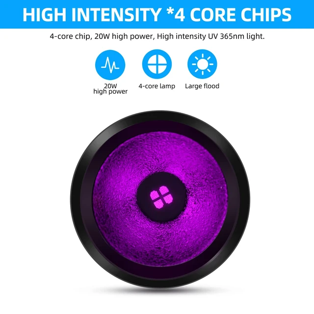 Alt view image 10 of 14 - UV Flashlight Black Light 365nm Blacklight Woods lamp Rechargeable | Quad Core 20W Powerful, LED Ultraviolet Lights, for Pet Urine Detection, Mineral, Blood Tracking, Uranium Glass, Resin Curing