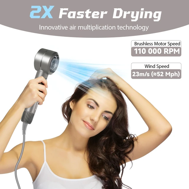 Alt view image 9 of 14 - High Speed Hair Dryer - 110,000 RPM Brushless Motor 1500W, 3 Speeds & 4 Heat Settings with Concentrator Nozzle, Thermostatic Hair Protection, Lightweight Quiet, Unisex Grey