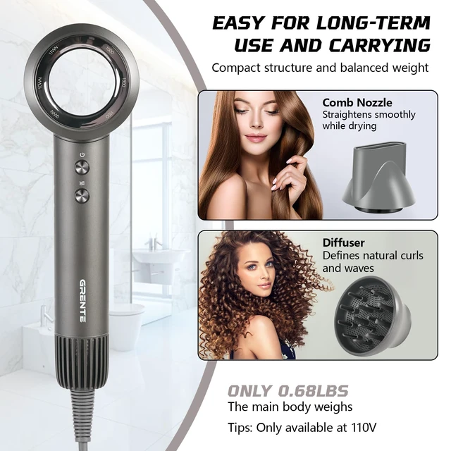 Alt view image 14 of 14 - High Speed Hair Dryer - 110,000 RPM Brushless Motor 1500W, 3 Speeds & 4 Heat Settings with Concentrator Nozzle, Thermostatic Hair Protection, Lightweight Quiet, Unisex Grey