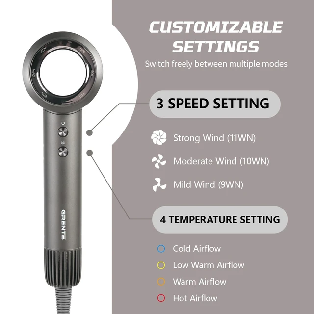 Alt view image 11 of 14 - High Speed Hair Dryer - 110,000 RPM Brushless Motor 1500W, 3 Speeds & 4 Heat Settings with Concentrator Nozzle, Thermostatic Hair Protection, Lightweight Quiet, Unisex Grey