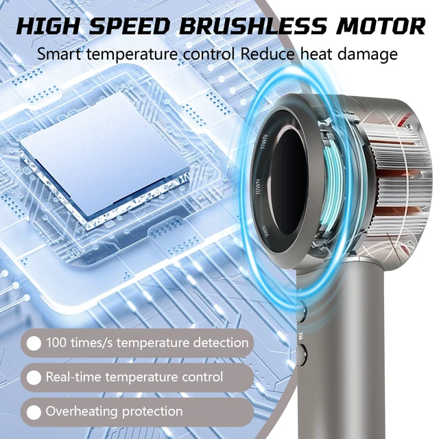 Alt view image 13 of 14 - High Speed Hair Dryer - 110,000 RPM Brushless Motor 1500W, 3 Speeds & 4 Heat Settings with Concentrator Nozzle, Thermostatic Hair Protection, Lightweight Quiet, Unisex Grey