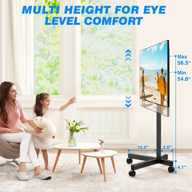 Alt view image 11 of 14 - Mobile TV Cart Rolling TV Stand for 23-65 Inch Screens (Black) | Portable TV Stand on Wheels with Tilt and Height Adjustable, Outdoor TV Mount Stand up to 88 lbs for Home MAX VESA 400x400mm