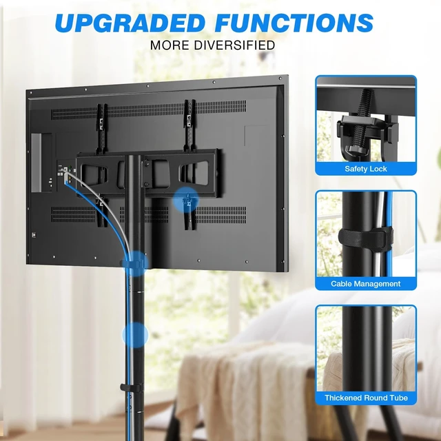 Alt view image 13 of 14 - Mobile TV Cart Rolling TV Stand for 23-65 Inch Screens (Black) | Portable TV Stand on Wheels with Tilt and Height Adjustable, Outdoor TV Mount Stand up to 88 lbs for Home MAX VESA 400x400mm