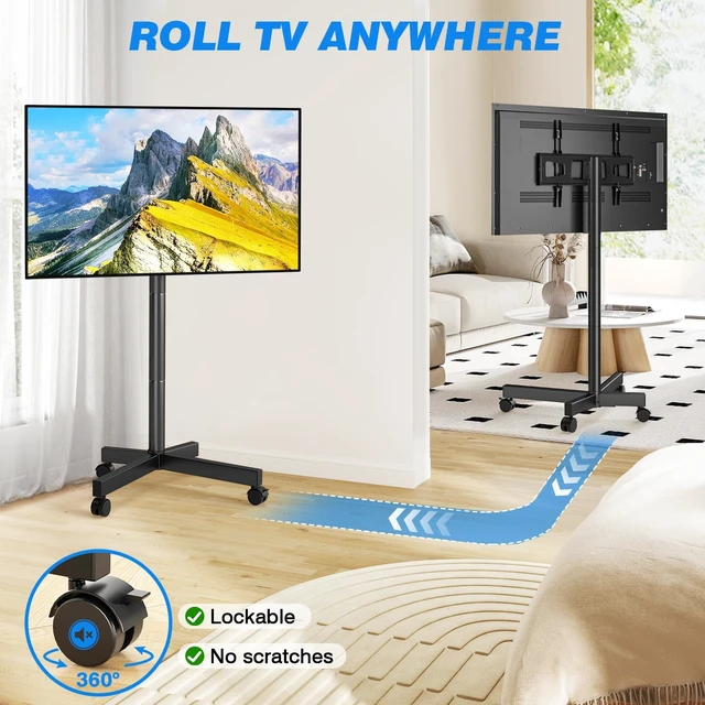 Alt view image 12 of 14 - Mobile TV Cart Rolling TV Stand for 23-65 Inch Screens (Black) | Portable TV Stand on Wheels with Tilt and Height Adjustable, Outdoor TV Mount Stand up to 88 lbs for Home MAX VESA 400x400mm