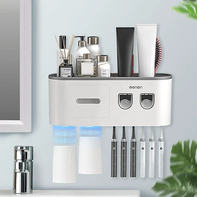 Alt view image 8 of 14 - Toothbrush Holders for Bathrooms Wall Mounted, 6 Slot Toothbrush Holder with 2 Automatic Toothpaste Dispensers, 2 Magnetic Cups, Large Capacity Bathroom Organizer, Wall Storage with Drawer