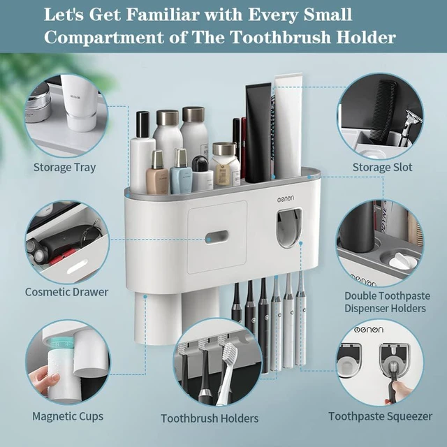 Alt view image 12 of 14 - Toothbrush Holders for Bathrooms Wall Mounted, 6 Slot Toothbrush Holder with 2 Automatic Toothpaste Dispensers, 2 Magnetic Cups, Large Capacity Bathroom Organizer, Wall Storage with Drawer