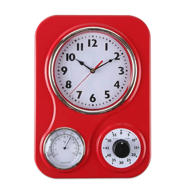 Alt view image 8 of 14 - - 9 Inch x 12.5 Inch - Retro Kitchen Wall Clock, Vintage Wall Clock with a Thermometer and 60-Minute Timer, Ideal for Any Kitchen, Office, or Diner (Red)