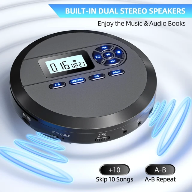 Alt view image 9 of 14 - CD Player Portable with Speakers & FM Transmitter, Earphones, AUX | Rechargeable Compact CD Player for Home Car Built-in 2000mAh Battery, LCD Screen, Support CD/MP3/WMA/TF Card/AUX