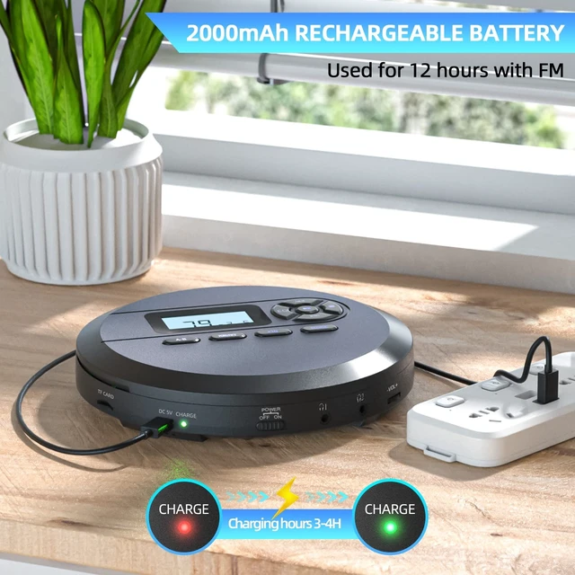 Alt view image 10 of 14 - CD Player Portable with Speakers & FM Transmitter, Earphones, AUX | Rechargeable Compact CD Player for Home Car Built-in 2000mAh Battery, LCD Screen, Support CD/MP3/WMA/TF Card/AUX