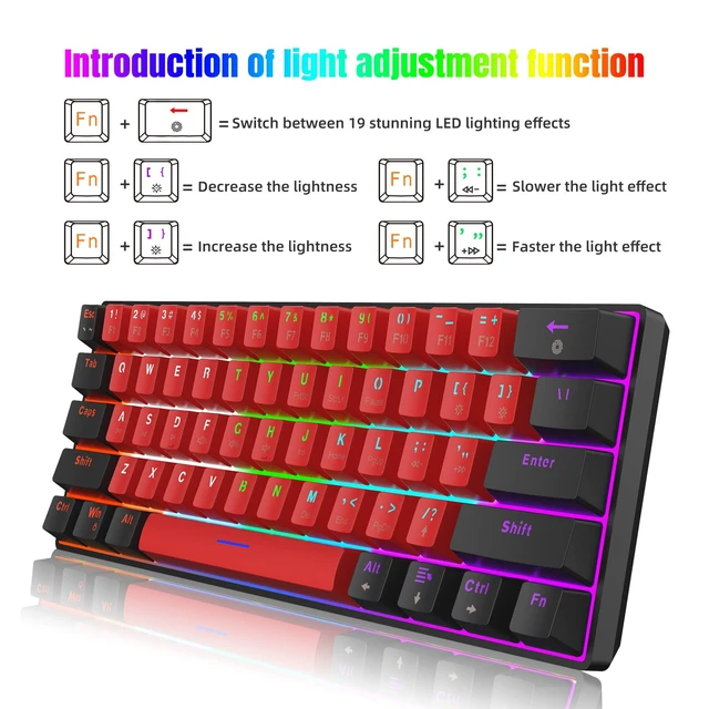 Alt view image 10 of 14 - 60% Wired Mechanical Keyboard (Black-Red, Red Switches) | Mini Gaming Keyboard with 61 Keys for PC, Windows XP, Win 7, Win 10