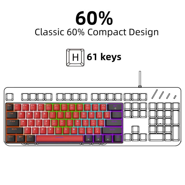 Alt view image 9 of 14 - 60% Wired Mechanical Keyboard (Black-Red, Red Switches) | Mini Gaming Keyboard with 61 Keys for PC, Windows XP, Win 7, Win 10