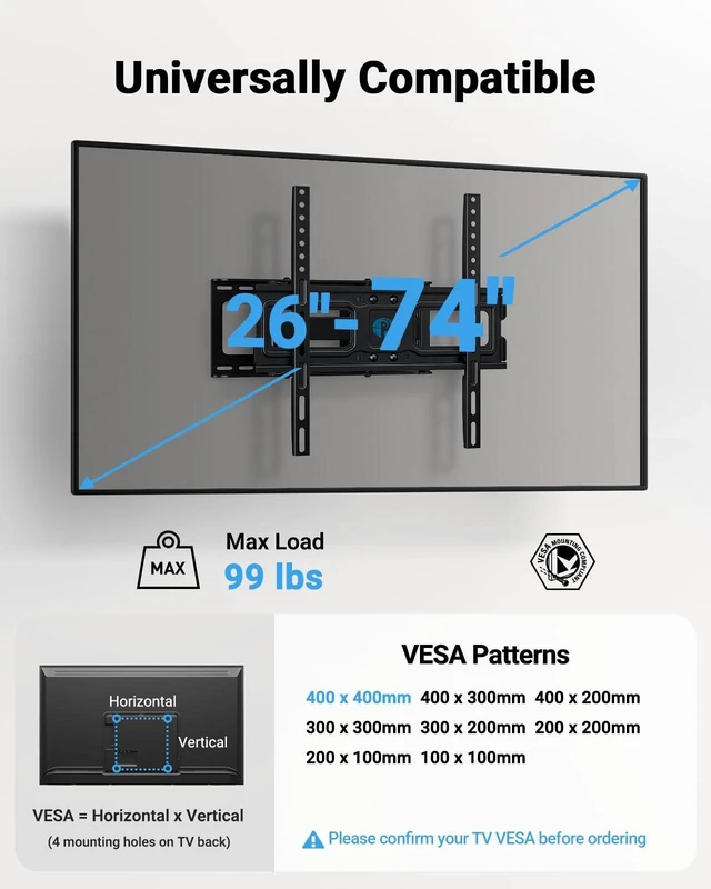 Alt view image 9 of 14 - TV Wall Mount for 26-74 inch LED LCD OLED 4K TVs up to 99lbs, Full Motion TV Mount Bracket Articulating Swivel Extension Tilting Leveling Max VESA 400x400mm, Fits 12/16 Inch Wood Studs