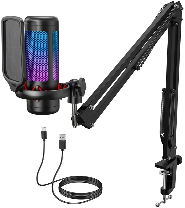 Alt view image 8 of 14 - Gaming Microphone Set with Boom Arm, Vocal Condenser Microphone for Content Creators, USB Mic for PC with Stand, RGB, Tap Mute, Gain Control, Gaming Equipemnt, Twitch, Streaming, TC310+