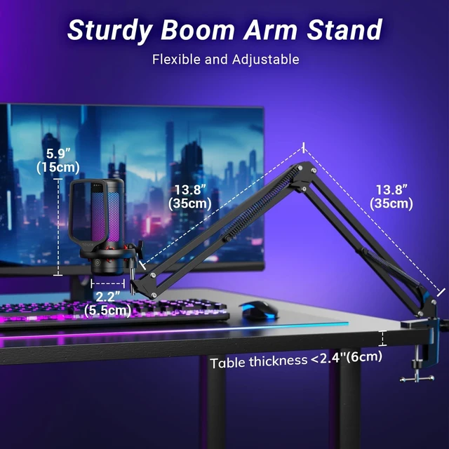 Alt view image 13 of 14 - Gaming Microphone Set with Boom Arm, Vocal Condenser Microphone for Content Creators, USB Mic for PC with Stand, RGB, Tap Mute, Gain Control, Gaming Equipemnt, Twitch, Streaming, TC310+