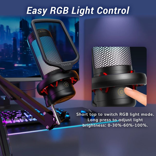 Alt view image 11 of 14 - Gaming Microphone Set with Boom Arm, Vocal Condenser Microphone for Content Creators, USB Mic for PC with Stand, RGB, Tap Mute, Gain Control, Gaming Equipemnt, Twitch, Streaming, TC310+